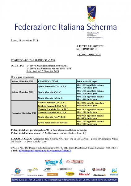 Comunicato paralimpico n° 2/19